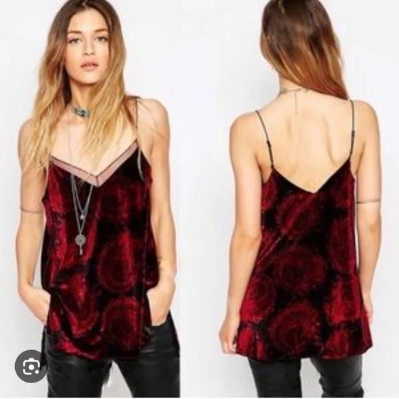 Free People Black&Red Drippy Velvet Print Boho Mini Slip Tank Cami Tunic| Small - Picture 2 of 8